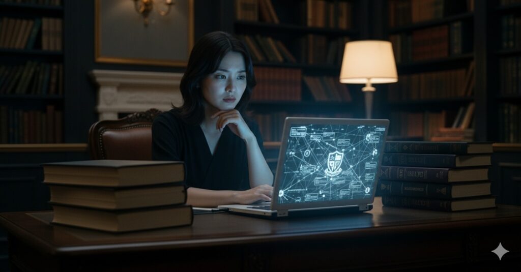 "書斎で複雑な情報が表示されたパソコンを前に思案する女性。ネット上の様々な噂や疑惑の真相を探る様子をイメージさせます。"