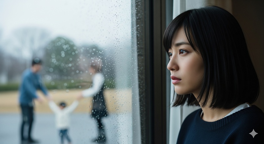 "雨の日に窓の外を眺める一人の女性。遠くにはぼやけた家族の姿が見え、自身の家族に関するネット上の噂と現実を対比させています。"