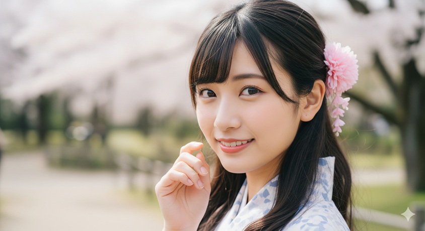 桜の木の下で和装を着て、笑顔を見せている女性です。