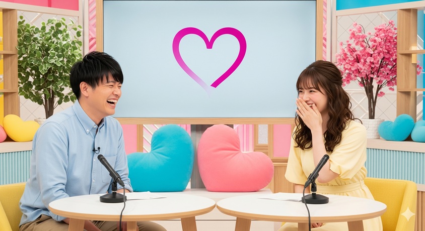 テレビ番組のセットで、楽しそうに笑っている男女の様子です