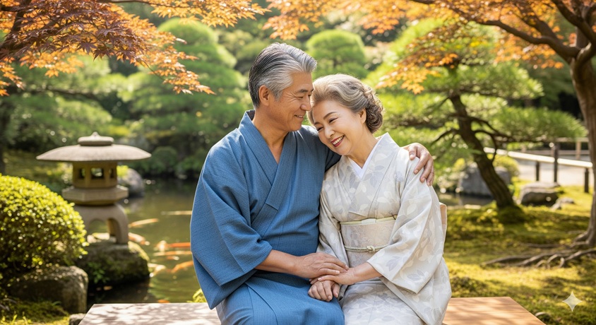 和風の庭園で寄り添い、幸せそうにしている老夫婦です。