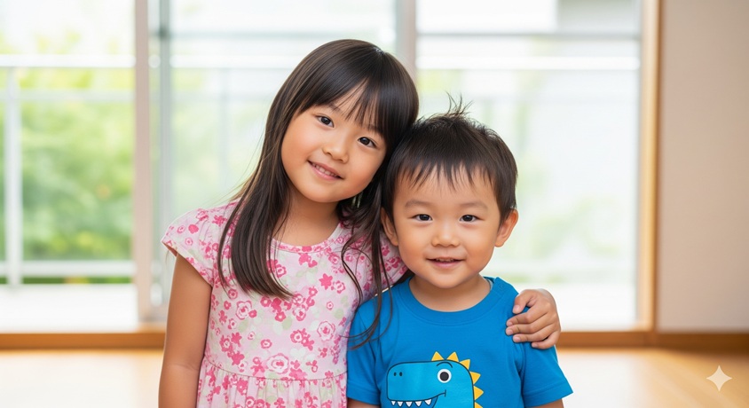 肩を寄せ合い、仲良く微笑んでいる二人の子供です。