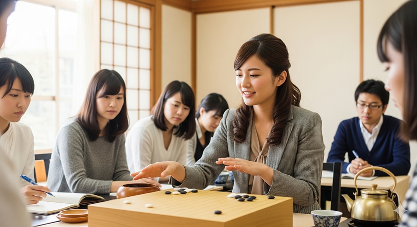 囲碁を教えている女性と、それを見つめている人々の様子です。