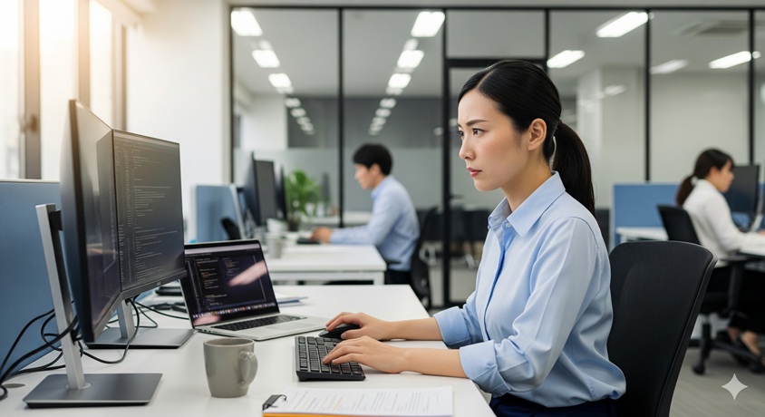 オフィスで複数のモニターに向かい、真剣な表情でプログラミング作業をする日本人女性。