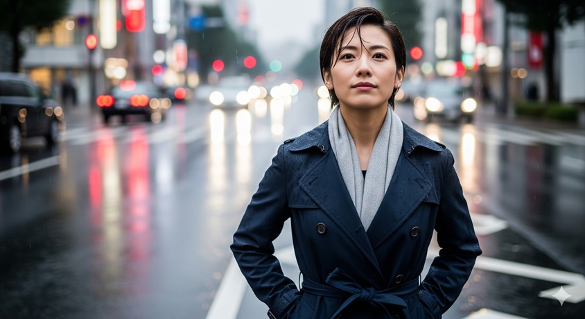 雨が降る夜の街に、トレンチコートを着て凛とした表情で立つショートヘアの日本人女性。