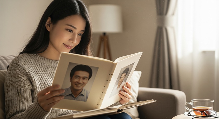 リビングのソファに座り、父親の写真が収められたアルバムを優しい表情で眺めている女性