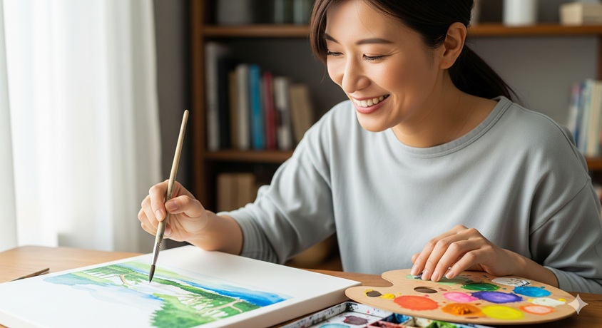 明るい部屋で、楽しそうに微笑みながら水彩画を描いている日本人女性の趣味の時間。