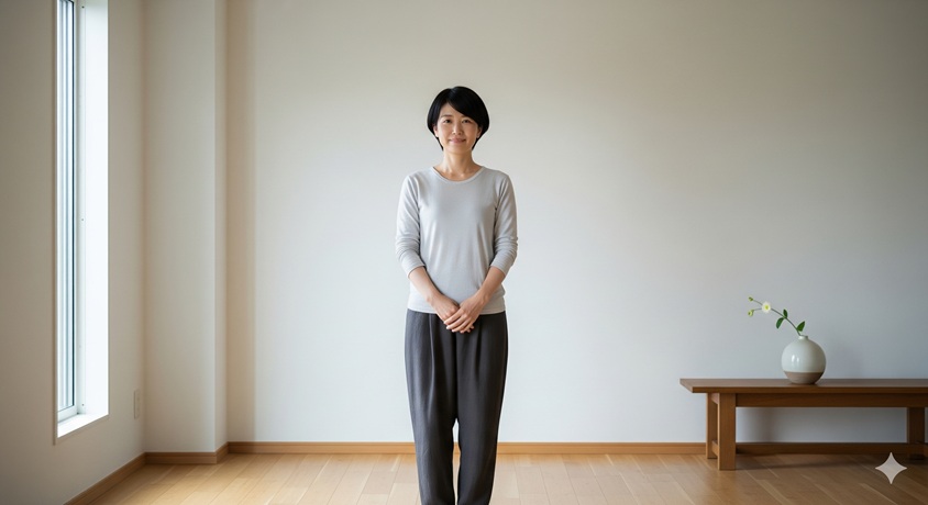 明るくシンプルな部屋で、一人静かに正面を向いて立っている女性
