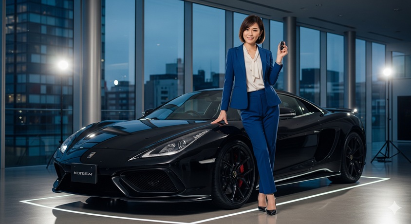 モダンな空間で、黒いスポーツカーの横に立ち、車のキーを手に持って微笑むスーツ姿の日本人女性。