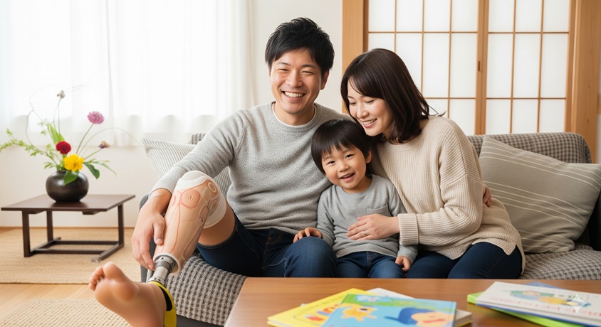 リビングのソファで幸せそうに微笑む山田千紘さん一家