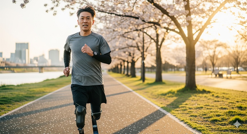 桜並木の下を義足でランニングし、フルマラソンへの挑戦に備える男性