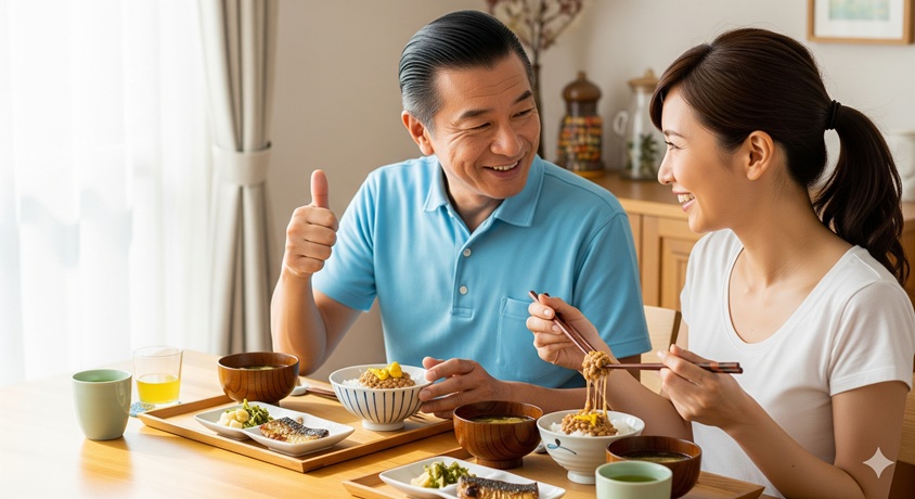 "食卓で納豆ごはんを食べて、親指を立てて美味しさに満足する夫と、それを見て微笑む妻"