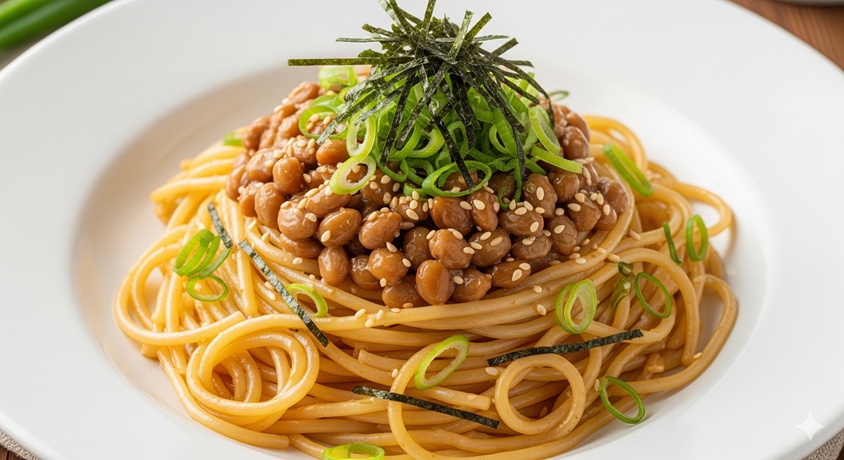 "白い皿に盛り付けられた納豆パスタのアップ。刻みネギと海苔がトッピングされている。"
