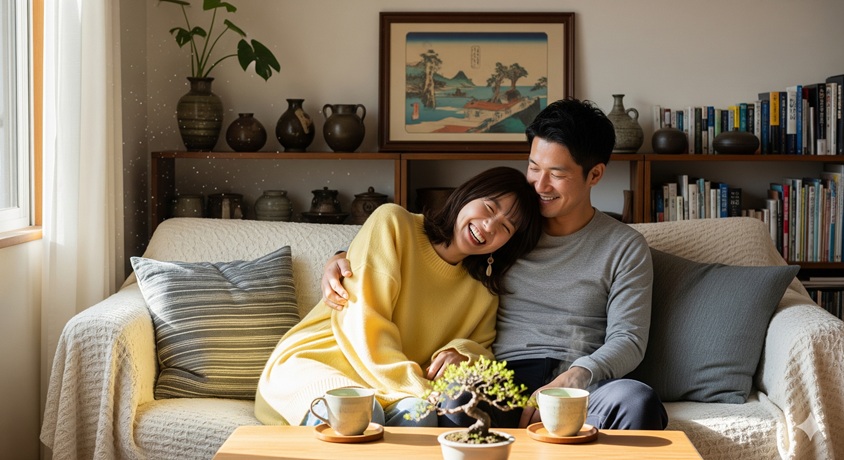 "リビングのソファで寄り添い、仲良く談笑しながらリラックスする日本人夫婦"