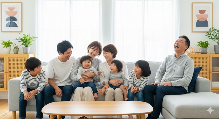 リビングで楽しそうに過ごす大家族