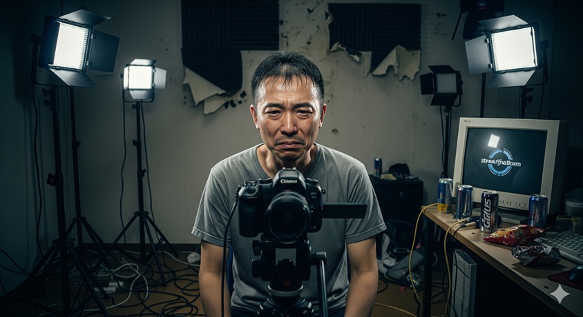 自室でカメラに向かって不満そうな表情を浮かべる迷惑系YouTuberの日本人男性。背後には簡易的な撮影用照明と散らかった部屋の様子が見える。