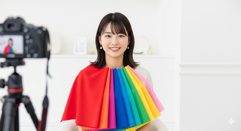 YouTubeの撮影中に笑顔でカラフルな布を手に持っている日本の女性。