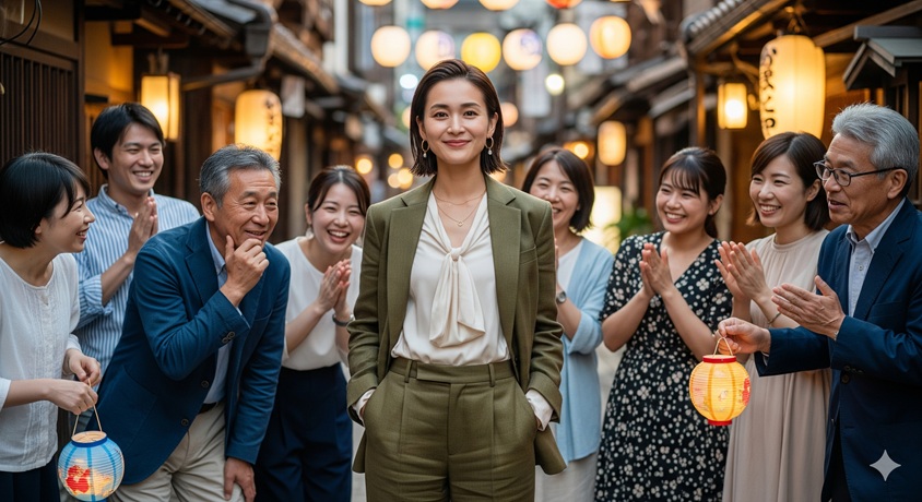 華やかなスーツを着た女性を、様々な世代の男女が称賛している様子。日本の街並みを背景にしています。