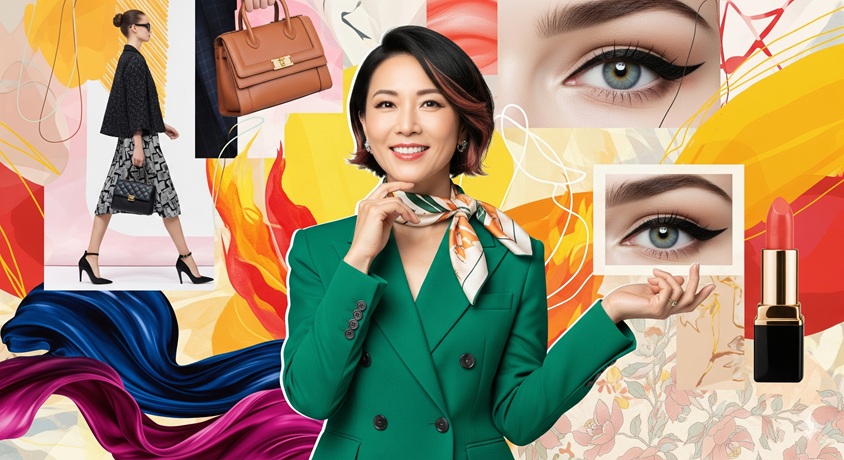 多才な魅力を表現したコラージュ画像。中心に笑顔の女性がおり、周囲にはファッション、美容、コスメなどの要素が配置されています。