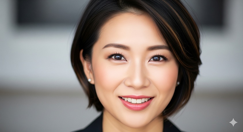 ショートヘアの女性が優しい表情で微笑む顔のアップ