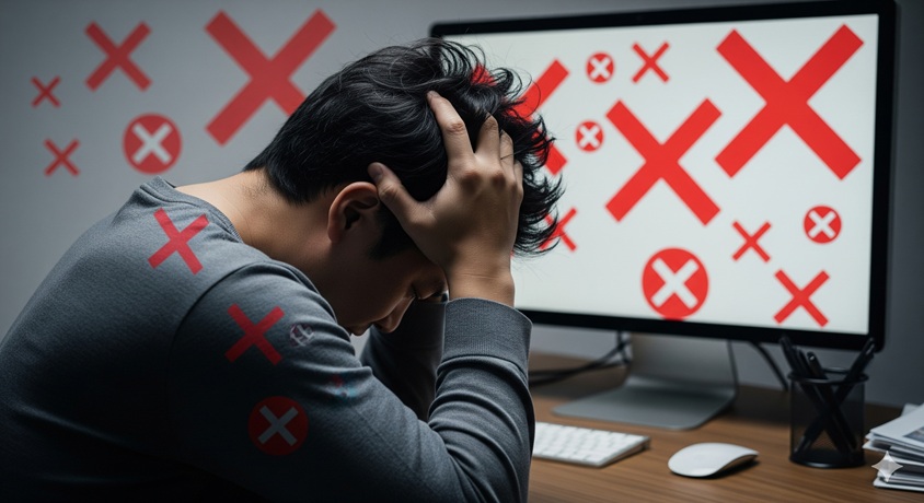 デスクトップモニターに赤いバツ印が表示され、頭を抱えて落ち込んでいる日本人男性。SNS引退宣言と撤回を繰り返す様子を表現。