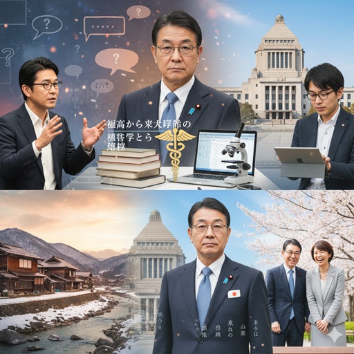 米山隆一氏の帰化の噂の真相をテーマにしたイメージ画像。国会議事堂、医師としての経歴、出身地、家族の姿などをコラージュし、彼に関する多角的な情報を示唆している。