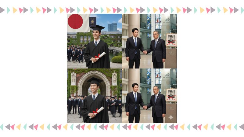 麻生太郎氏の学習院大学での学歴（卒業ガウンと日本国旗、パスポート）、および子息が家業の麻生グループ（株式会社麻生）の経営を承継している様子を示すイメージ。