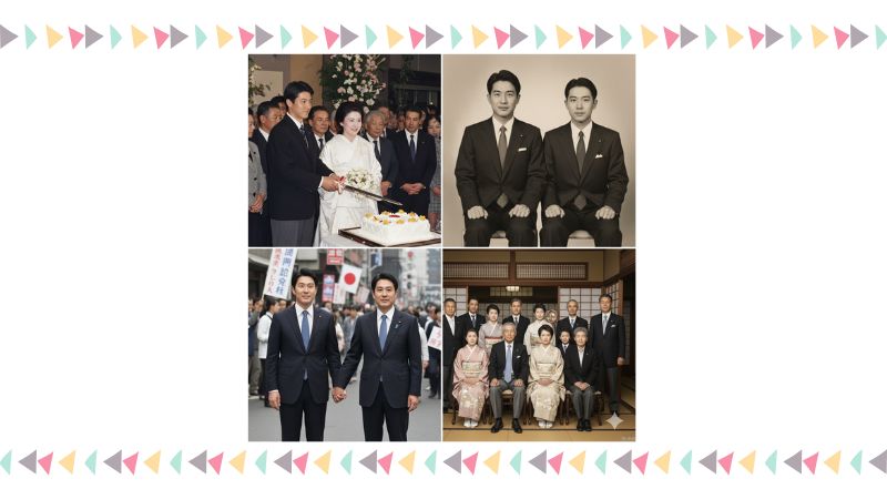 麻生太郎氏と妻・鈴木敦子氏（ちか子）の結婚式の様子、義理の弟である鈴木俊一氏との連携、および親族の集合写真を示す合成画像。
