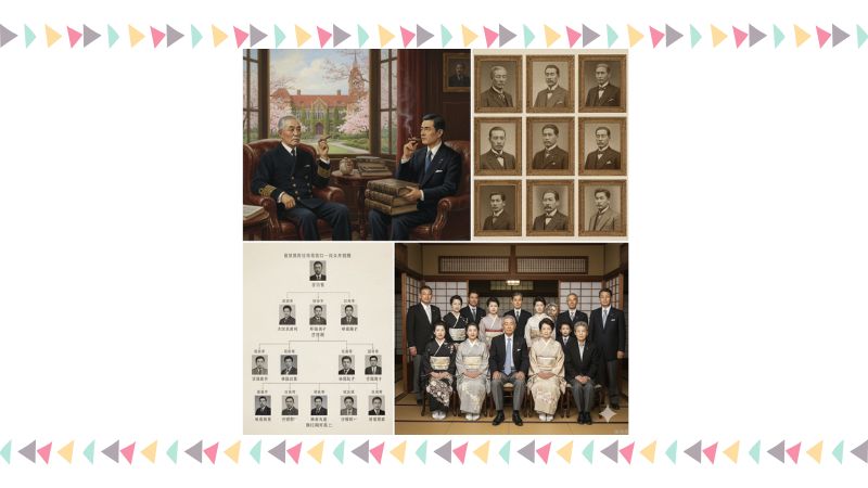 	麻生太郎氏と祖父の吉田茂元首相を思わせる人物が談話する絵、吉田茂や大久保利通など著名な先祖の肖像画、麻生家の家系図、および親族の集合写真を示す合成画像。
