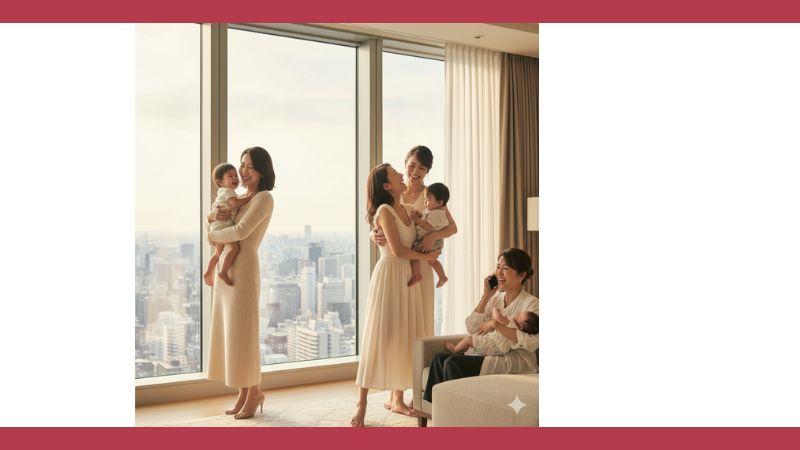 高層マンションの窓際で赤ちゃんを抱く日本の母親たち。笑顔で子どもと触れ合ったり、電話で話したりしている。現代の多様なライフスタイルを象徴する場面。