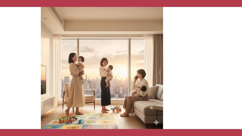 夕日を背景に、窓辺で子どもたちと過ごす40代の日本の母親たち。一人は赤ちゃんを抱き、別の二人はそれぞれ乳幼児を抱き上げ、互いに笑顔を交わしたり、電話で話したりしている。