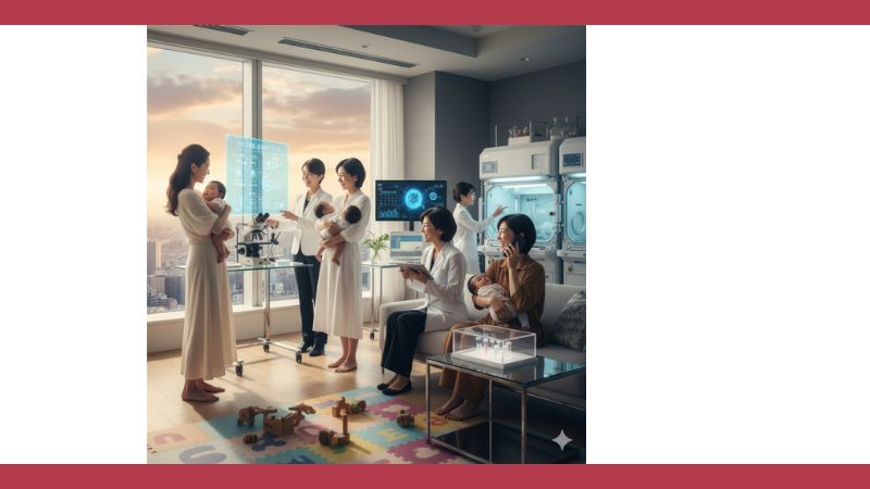 50代で出産した日本の母親と、彼女を囲む医療関係者。医療データが表示された透明なスクリーンや、研究室のような機器が背景に見える。卵子凍結のサンプルケースがテーブルに置かれている。