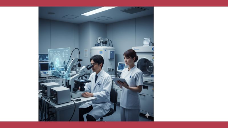 最先端の医療研究室で顕微鏡を覗く日本人男性医師と、タブレットを持つ日本人女性看護師。医療機器やデータスクリーンが並び、不妊治療などの生殖医療技術が高度に行われている様子を示している。