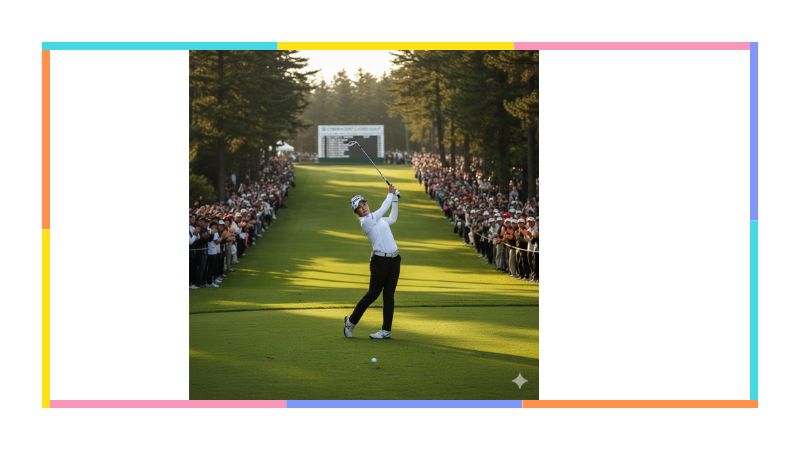 　- 多くのギャラリーが見守る中、ゴルフコースで力強くドライバーをスイングする三浦桃香選手の姿。過去のツアーでの活躍を表現している。
