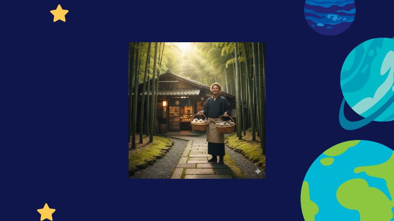 　- 京都の竹林に囲まれた漬物屋の前で、漬物の入った籠を両手に持ち笑顔で立つ日本人男性。
画像3
