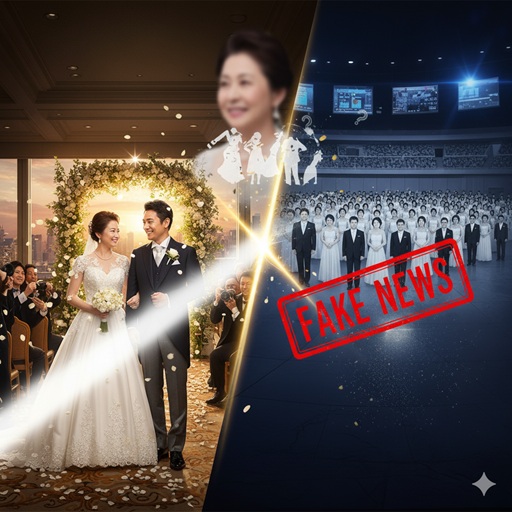 三原じゅん子氏の実際の結婚式のイメージと、多数のカップルが参加する合同結婚式、そして「FAKE NEWS」のスタンプが表示されており、合同結婚式説を否定する構図。