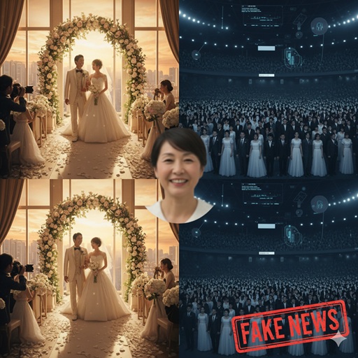 三原じゅん子氏の実際の結婚式のイメージと、多数のカップルが参加する合同結婚式のイメージが対比され、デマである可能性を示唆する構図。