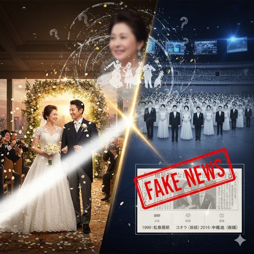 三原じゅん子氏の結婚式のイメージと、多数のカップルが参加する合同結婚式、そして「FAKE NEWS」のスタンプが表示されており、噂の真偽を問う構図。