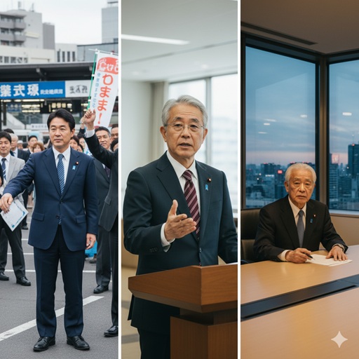 斉藤哲夫の年齢と政治活動の推移を示す画像。若い頃の選挙活動の様子、演説する現在の政治家、そして執務室で書類に目を通す高齢の政治家の姿が写っている。