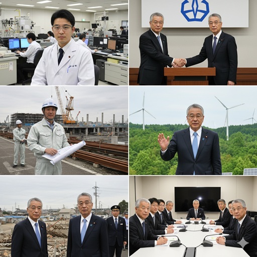 斉藤鉄夫の経歴を分かりやすく示したコラージュ画像。研究室での作業風景、握手する政治家たち、建設現場に立つ作業員、風力発電を背景に手を振る政治家、災害現場に立つ政治家、会議室での議論の様子が写っている。
