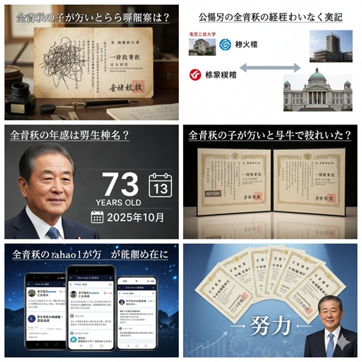 斉藤鉄夫の資格証書に注目が集まったことを示すコラージュ画像。手書きで文字が乱雑に書かれた合格証書、東工大と清水建設に関する情報を示す図、73歳と表示された斉藤氏の年齢情報、ビフォーアフターの署名入り合格証書、スマートフォンでのYahoo!知恵袋の画面、そして多くの資格証書と「努力」という文字が書かれた画像が配置されている。