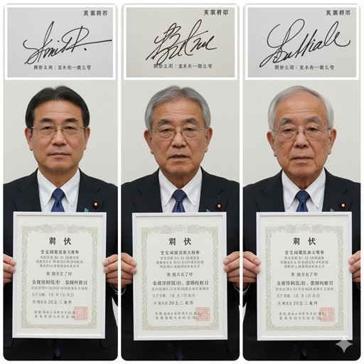 斉藤鉄夫の署名が半年で変化した様子を示す画像。上段には初期の署名、中間の署名、改善後の署名が並び、下段にはそれぞれの時期に対応する合格証書を持つ斉藤氏の顔写真が配置されている。