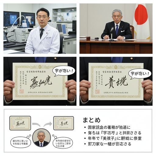 「斉藤鉄夫の字が汚い」という噂に関する画像をまとめたもので、研究室にいる若い研究員、国会で演説する政治家、そして「字が汚い!」という吹き出し付きで2種類の署名入り合格証書を持っている手が写っている。下部には「まとめ」として署名の評判に関するテキストと斉藤氏の顔写真が配置されている。