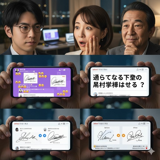 斉藤鉄夫の署名に対するSNSやYahoo!知恵袋での反応を示す画像。驚いた表情の若い男女と年配の男性が写っており、その下にはスマートフォン画面で「字が汚い」といったSNSのコメントや、Yahoo!知恵袋での質問、ビフォーアフターの署名比較画像が表示されている。
