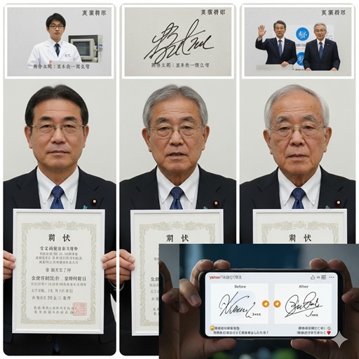 「斉藤鉄夫 字が汚い」の噂が本当だったのかをまとめた結論を示す画像。初期の署名と改善後の署名、それに伴う斉藤氏の姿や、資格証書、スマートフォンでの署名の比較画面がコラージュされている。