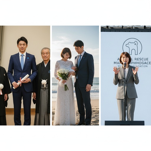 「ある夫婦の歩みを物語る3枚組の写真。左から順に、男性の式典らしき場面、二人が浜辺で赤ん坊を抱く姿、そして女性が動物保護団体のイベントでスピーチする場面。」