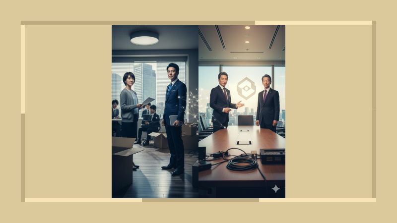 現代的なオフィスで働くビジネスパーソンたちの様子のコラージュ画像。左側では男女が立ちながら書類を確認し、右側では3人の男性経営陣が重厚な会議室で並び立っている。