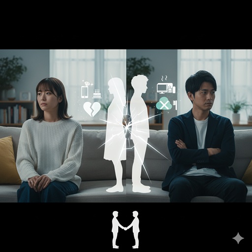 離婚した夫婦のイメージ。ソファに別々に座る男女とすれ違いを示すアイコン。