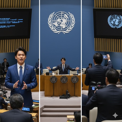 「国連での演説を3つの異なる角度から捉えた写真。左は演説者の表情のアップ、中央は演壇での全身像、右は聴衆がその様子を撮影している場面。」