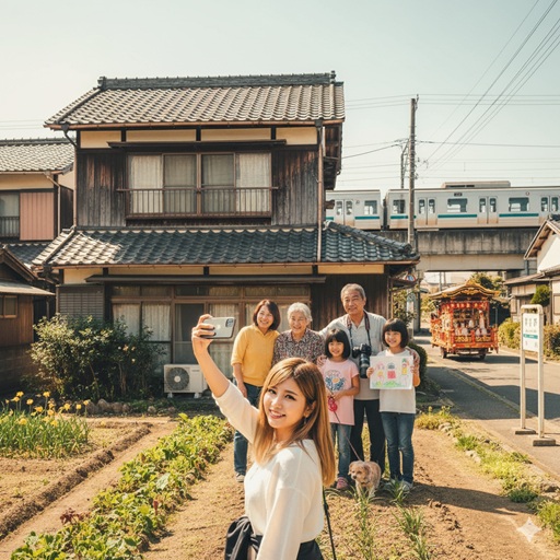 実家の前で記念撮影をするエルフ荒川さん一家のイメージ画像